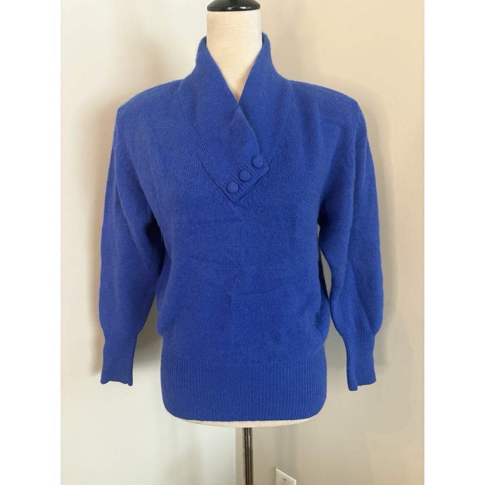 VTG Marnie West 80s Sweater Blue Lambswool & Angora Shawl Collar Retro Sz Medium